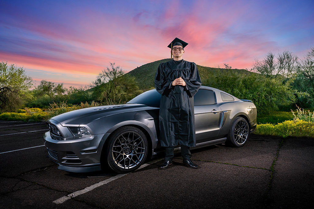 Senior portrait of Avery with his car in Phoenix